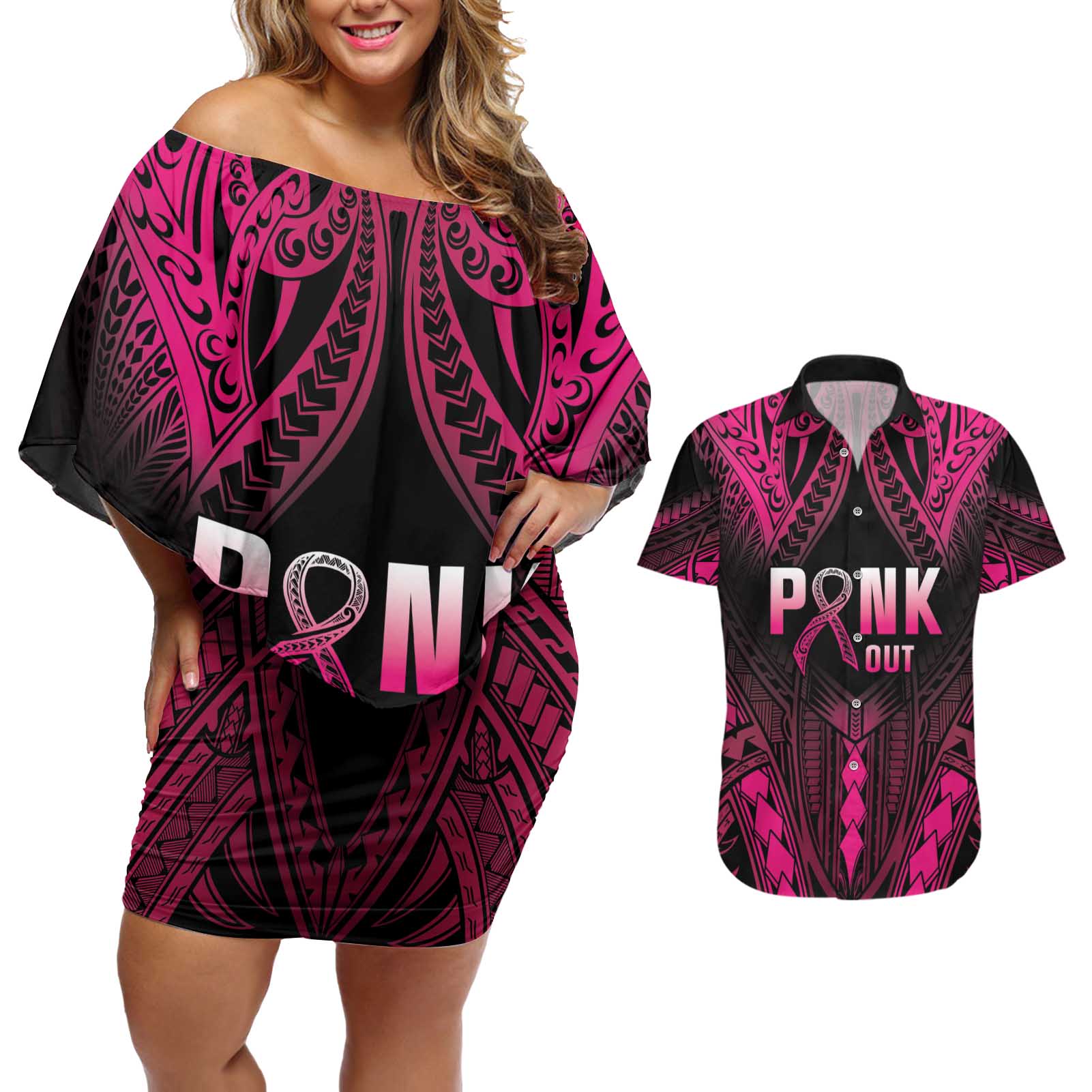 Breast Cancer Pink Out Couples Matching Off Shoulder Short Dress and Hawaiian Shirt Polynesian Art Tattoo Black Version