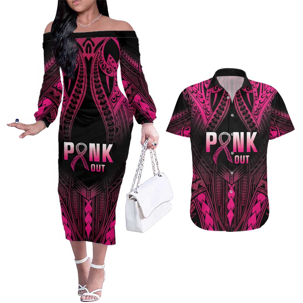 Breast Cancer Pink Out Couples Matching Off The Shoulder Long Sleeve Dress and Hawaiian Shirt Polynesian Art Tattoo Black Version