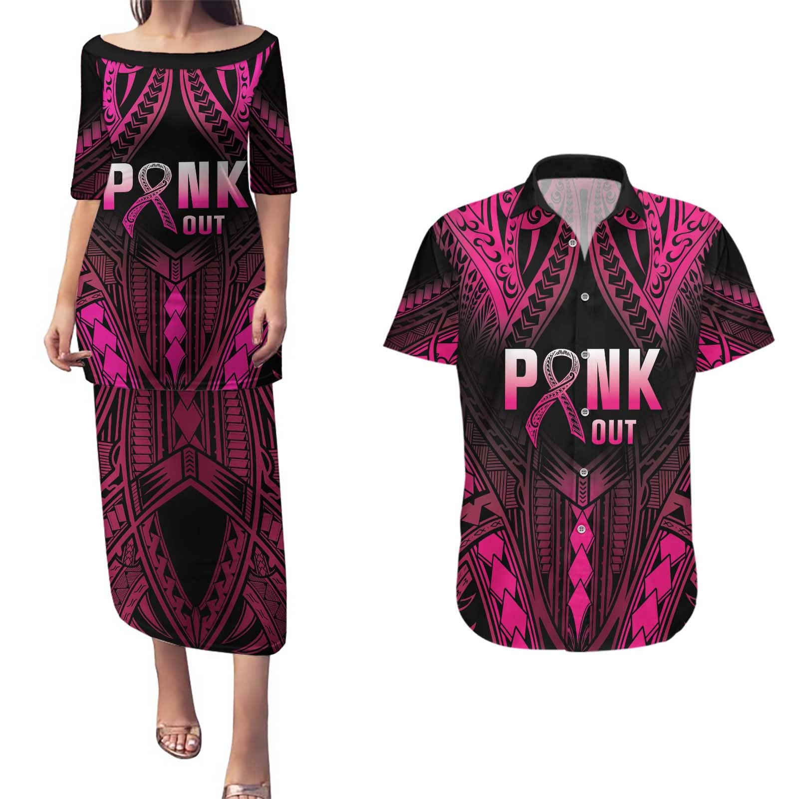 Breast Cancer Pink Out Couples Matching Puletasi and Hawaiian Shirt Polynesian Art Tattoo Black Version