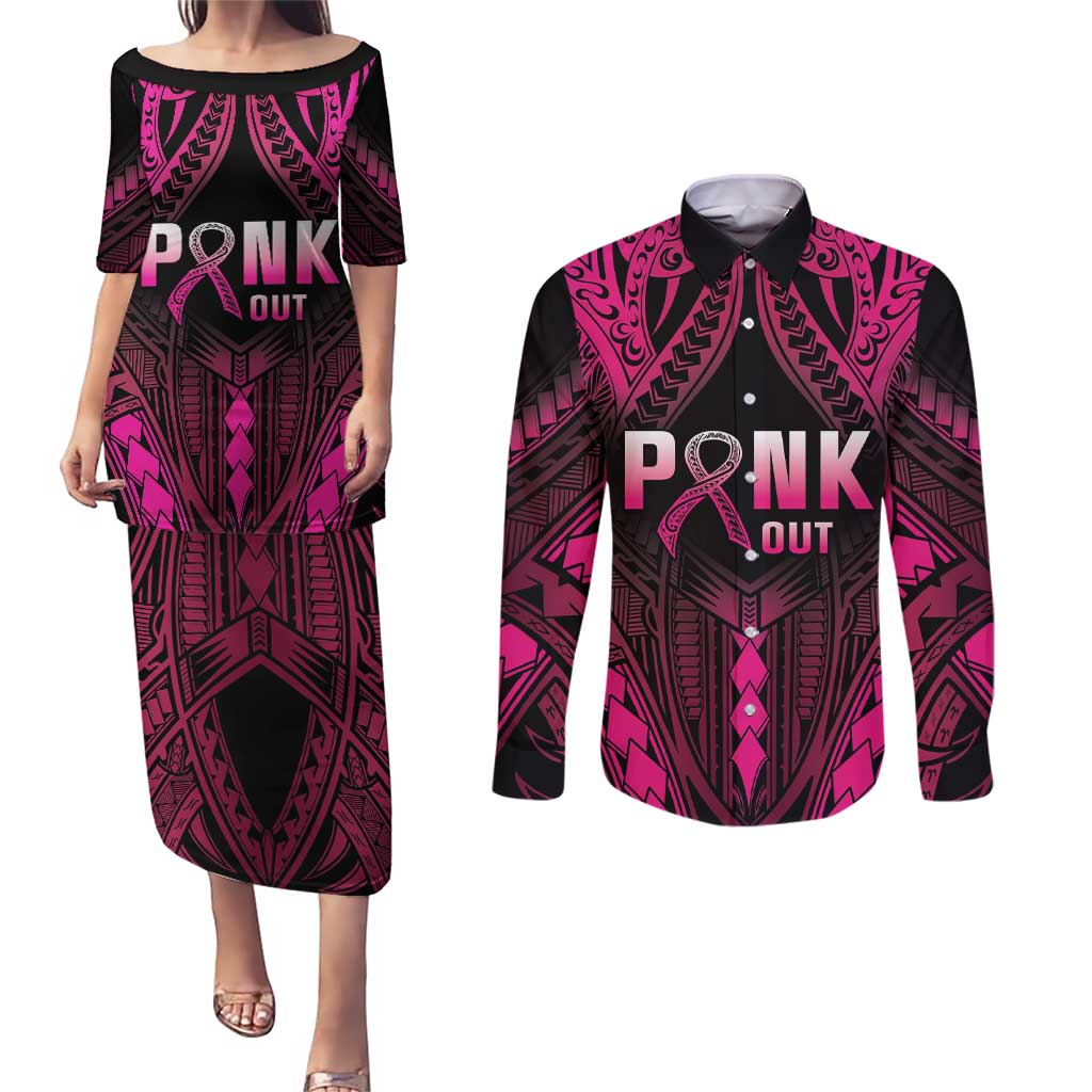 Breast Cancer Pink Out Couples Matching Puletasi and Long Sleeve Button Shirt Polynesian Art Tattoo Black Version