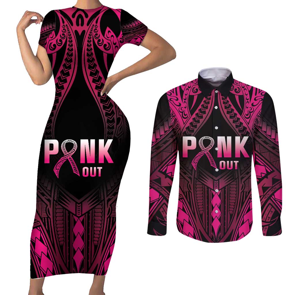 Breast Cancer Pink Out Couples Matching Short Sleeve Bodycon Dress and Long Sleeve Button Shirt Polynesian Art Tattoo Black Version