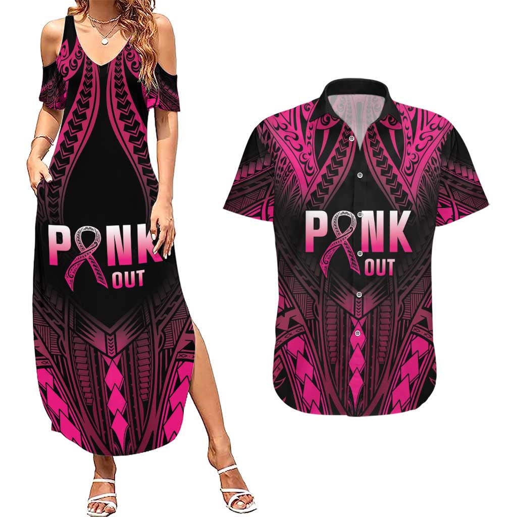 Breast Cancer Pink Out Couples Matching Summer Maxi Dress and Hawaiian Shirt Polynesian Art Tattoo Black Version