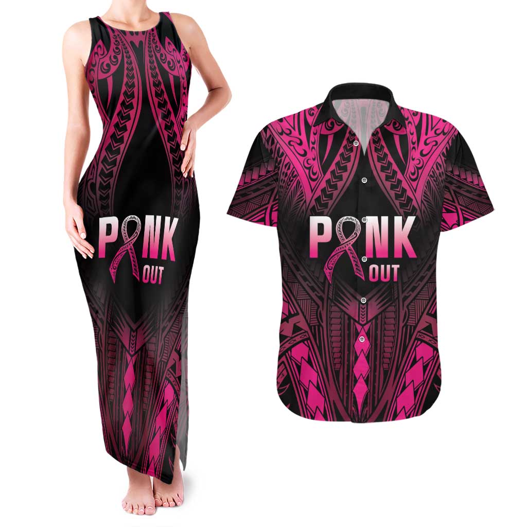 Breast Cancer Pink Out Couples Matching Tank Maxi Dress and Hawaiian Shirt Polynesian Art Tattoo Black Version