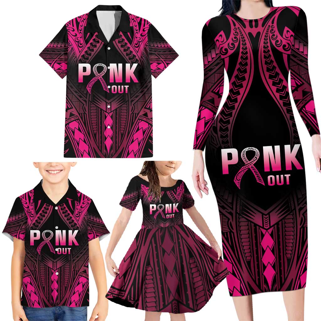 Breast Cancer Pink Out Family Matching Long Sleeve Bodycon Dress and Hawaiian Shirt Polynesian Art Tattoo Black Version