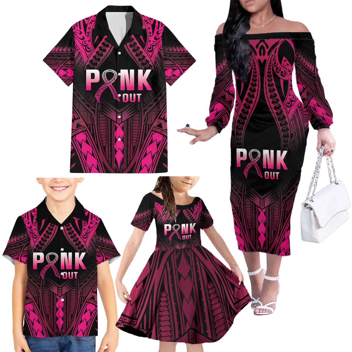 Breast Cancer Pink Out Family Matching Off The Shoulder Long Sleeve Dress and Hawaiian Shirt Polynesian Art Tattoo Black Version