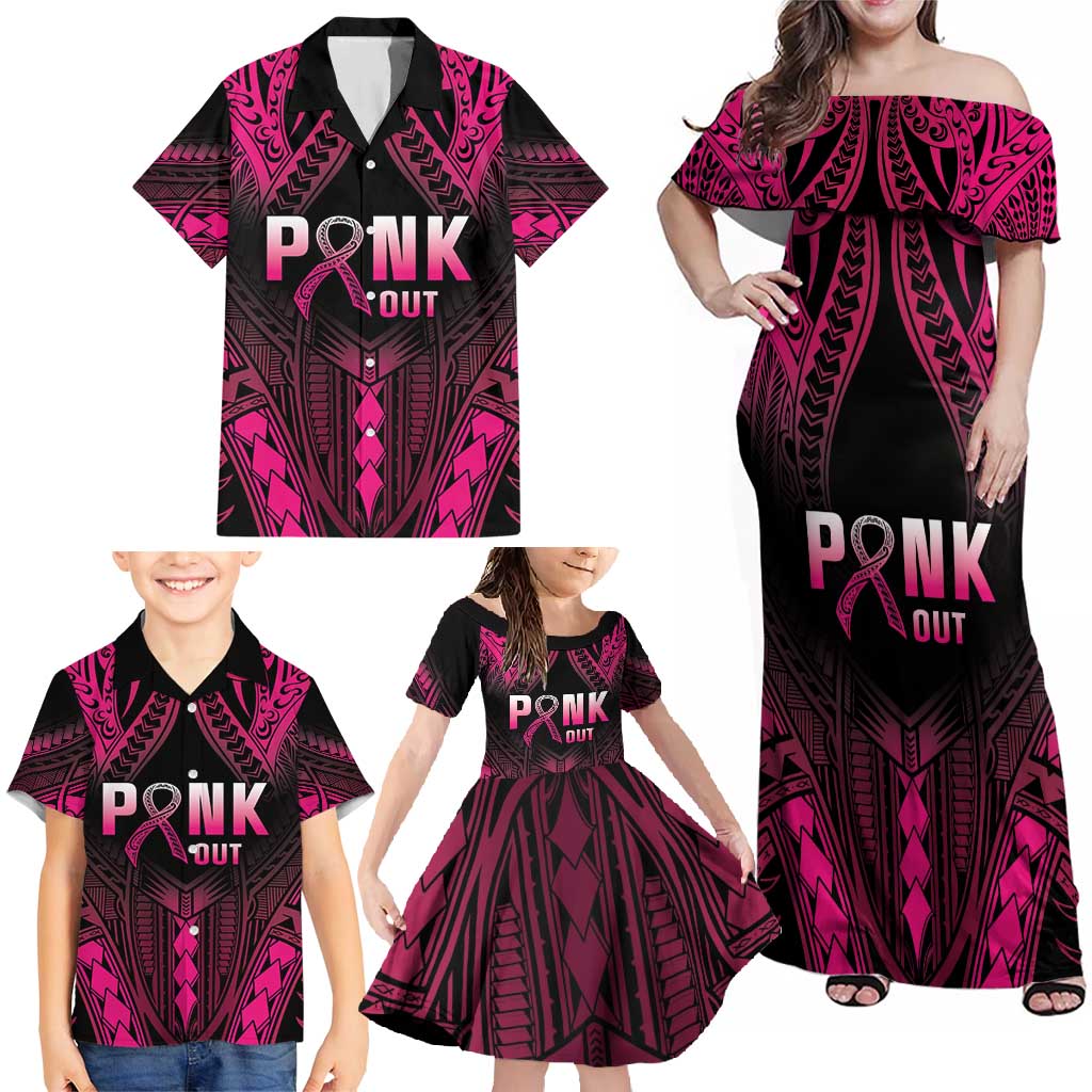 Breast Cancer Pink Out Family Matching Off Shoulder Maxi Dress and Hawaiian Shirt Polynesian Art Tattoo Black Version