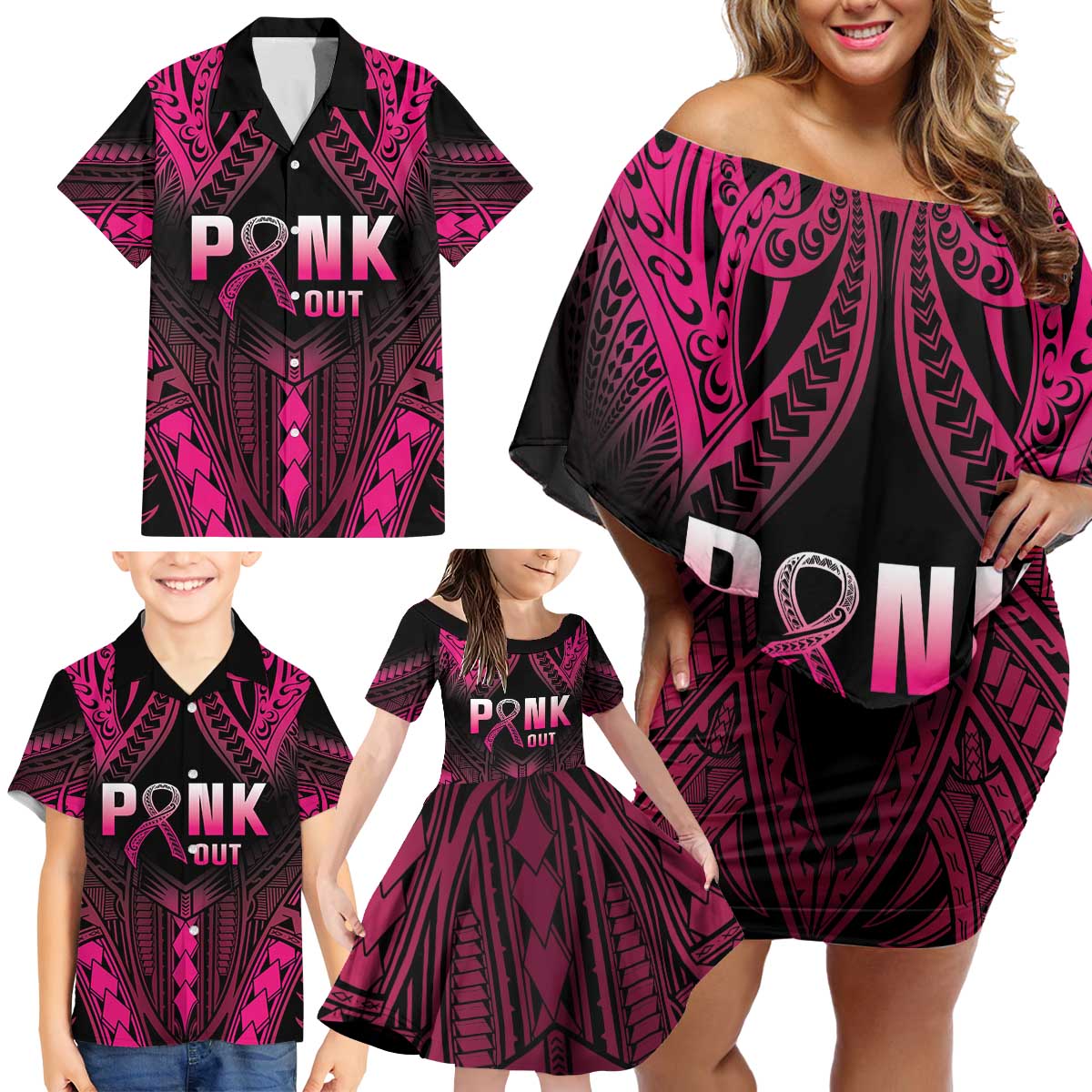 Breast Cancer Pink Out Family Matching Off Shoulder Short Dress and Hawaiian Shirt Polynesian Art Tattoo Black Version