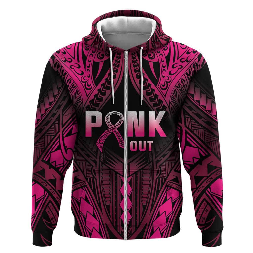 Breast Cancer Pink Out Hoodie Polynesian Art Tattoo Black Version LT05 Zip Hoodie Black - Polynesian Pride