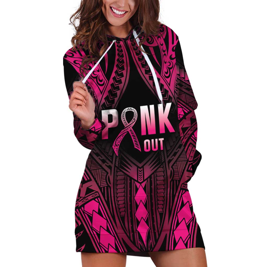 Breast Cancer Pink Out Hoodie Dress Polynesian Art Tattoo Black Version