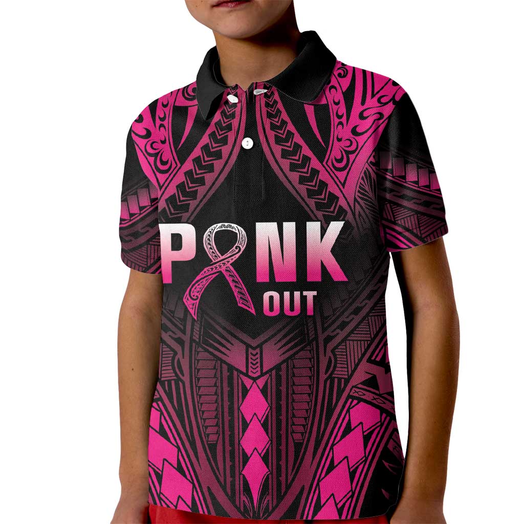 Breast Cancer Pink Out Kid Polo Shirt Polynesian Art Tattoo Black Version