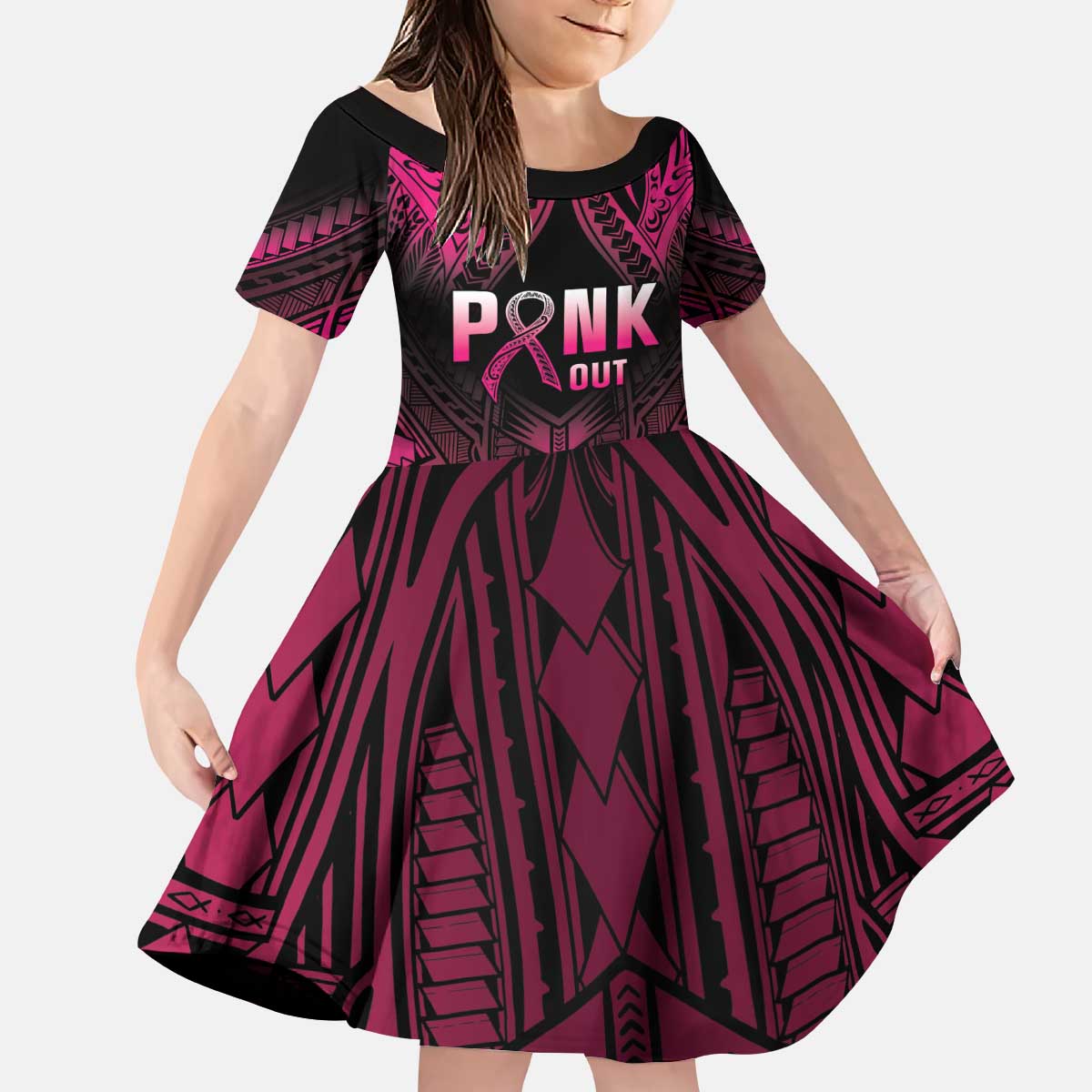 Breast Cancer Pink Out Kid Short Sleeve Dress Polynesian Art Tattoo Black Version