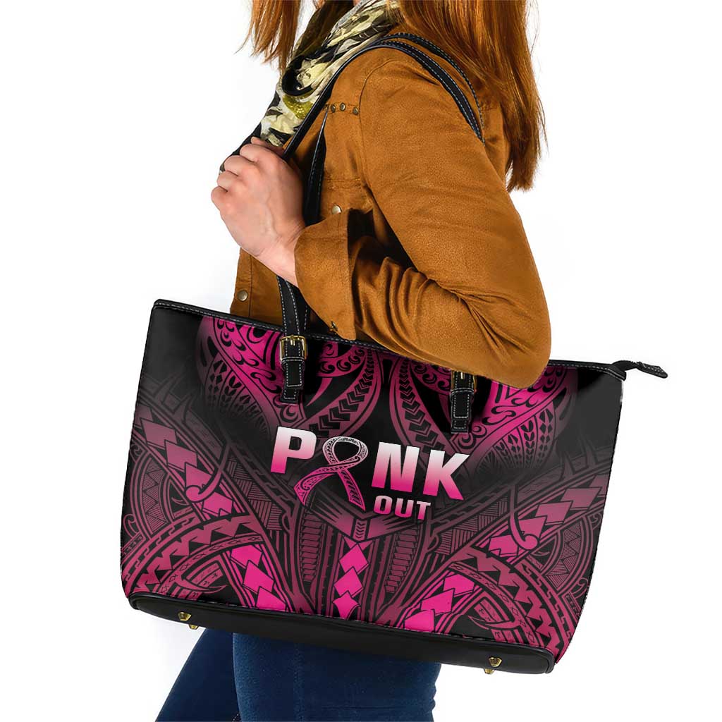 Breast Cancer Pink Out Leather Tote Bag Polynesian Art Tattoo Black Version LT05 Black - Polynesian Pride