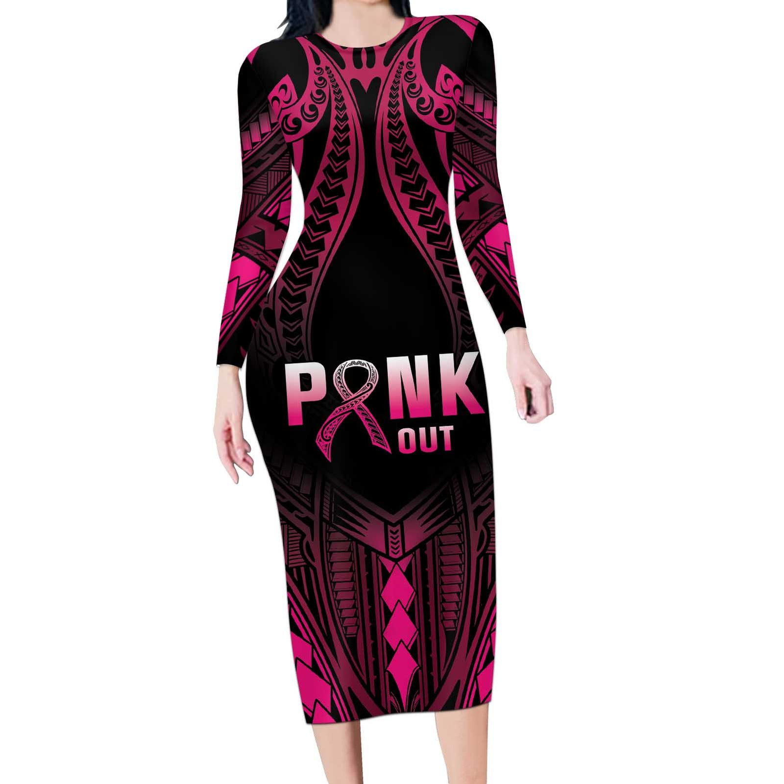 Breast Cancer Pink Out Long Sleeve Bodycon Dress Polynesian Art Tattoo Black Version LT05 Long Dress Black - Polynesian Pride