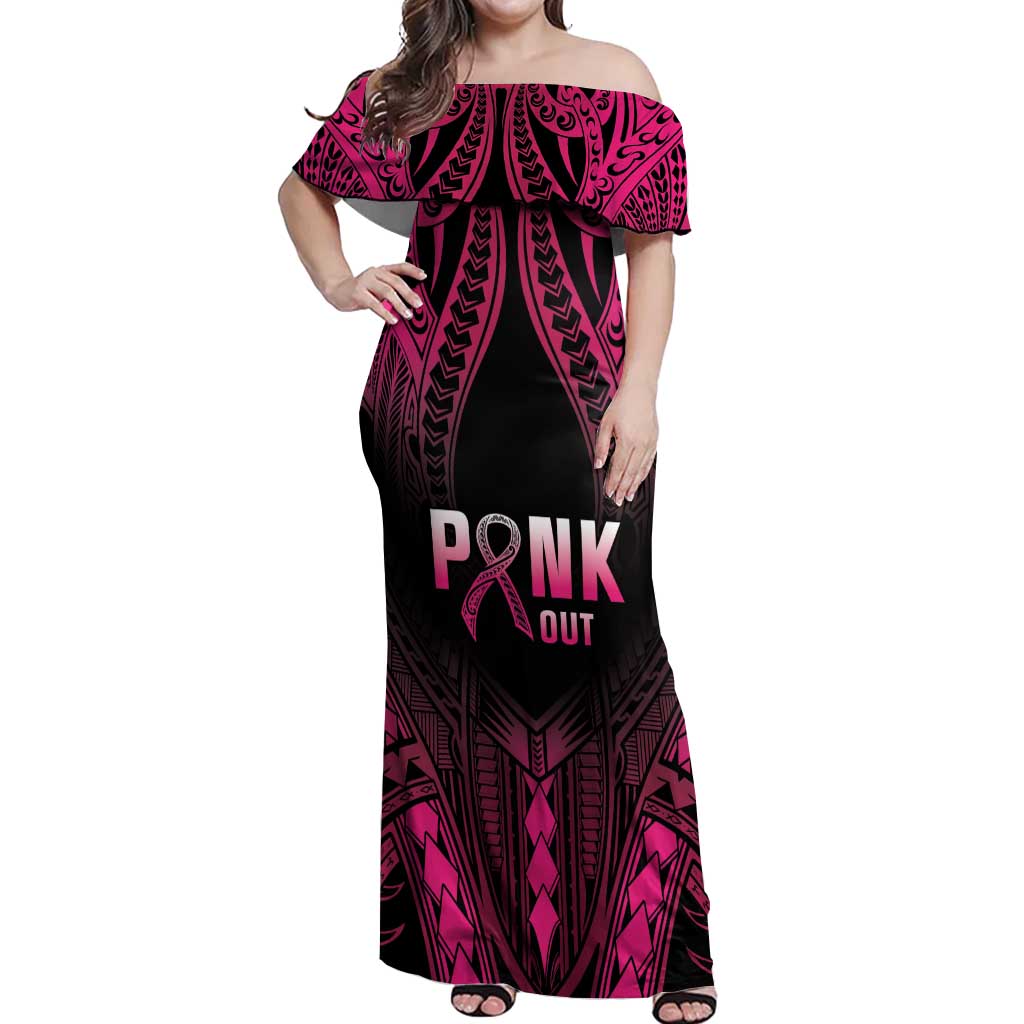 Breast Cancer Pink Out Off Shoulder Maxi Dress Polynesian Art Tattoo Black Version