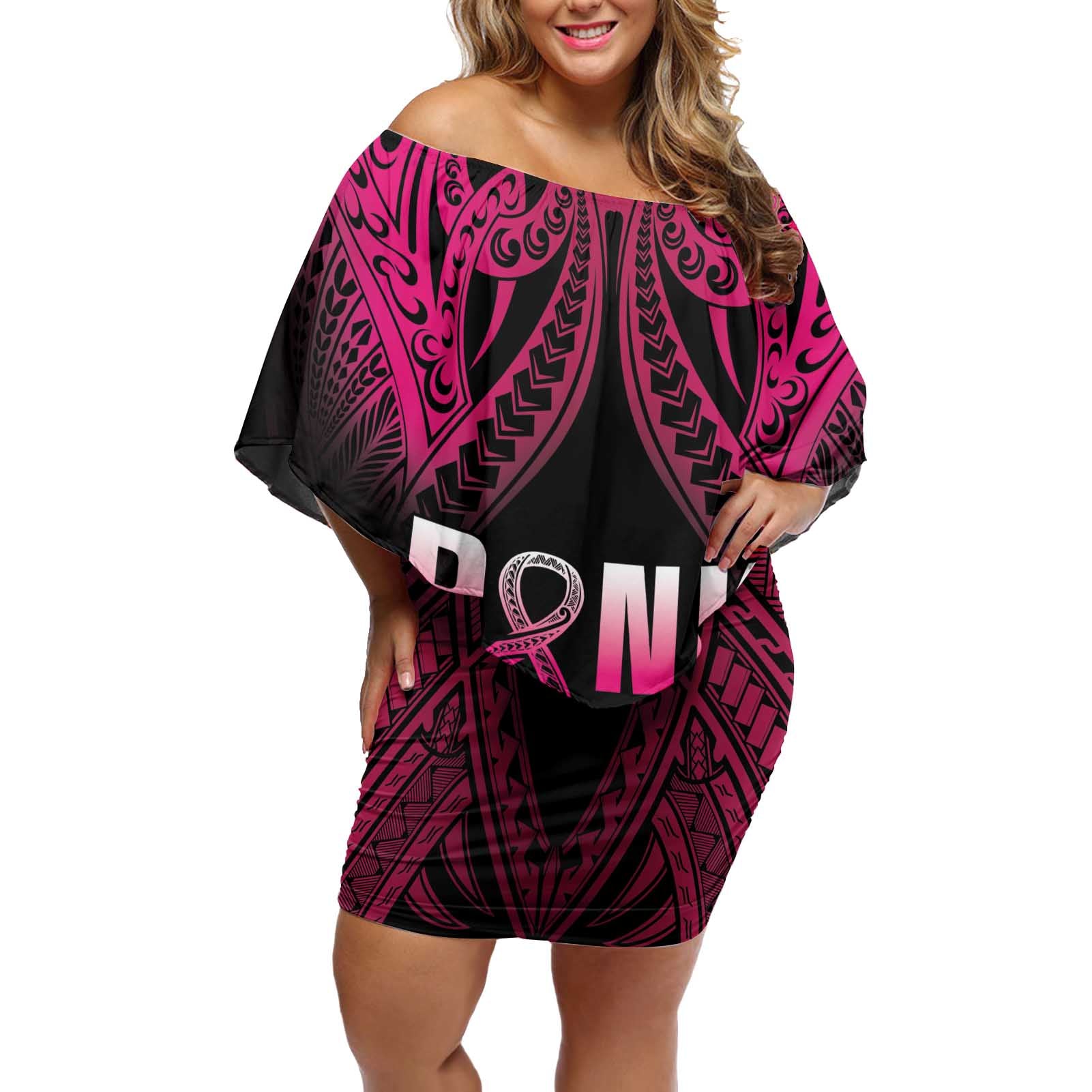 Breast Cancer Pink Out Off Shoulder Short Dress Polynesian Art Tattoo Black Version