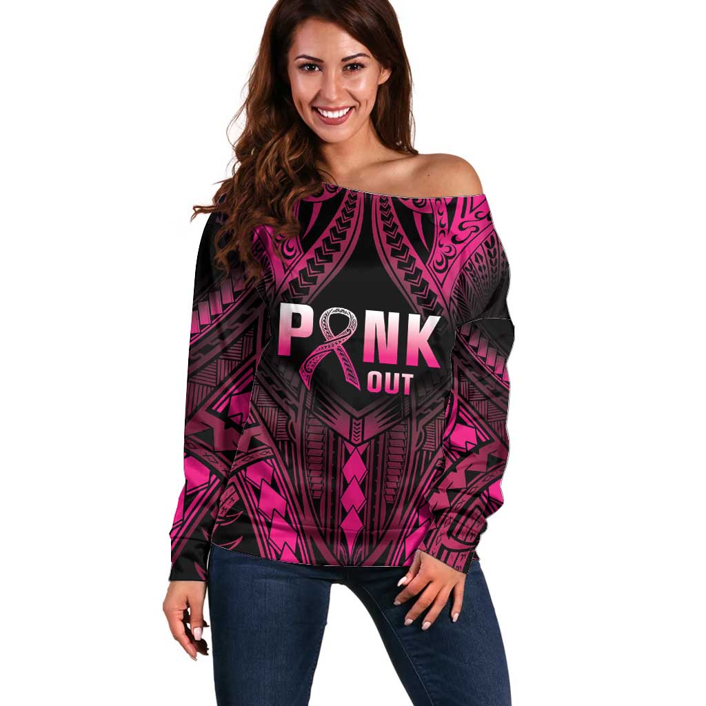 Breast Cancer Pink Out Off Shoulder Sweater Polynesian Art Tattoo Black Version