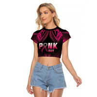 Breast Cancer Pink Out Raglan Cropped T Shirt Polynesian Art Tattoo Black Version LT05 Female Black - Polynesian Pride