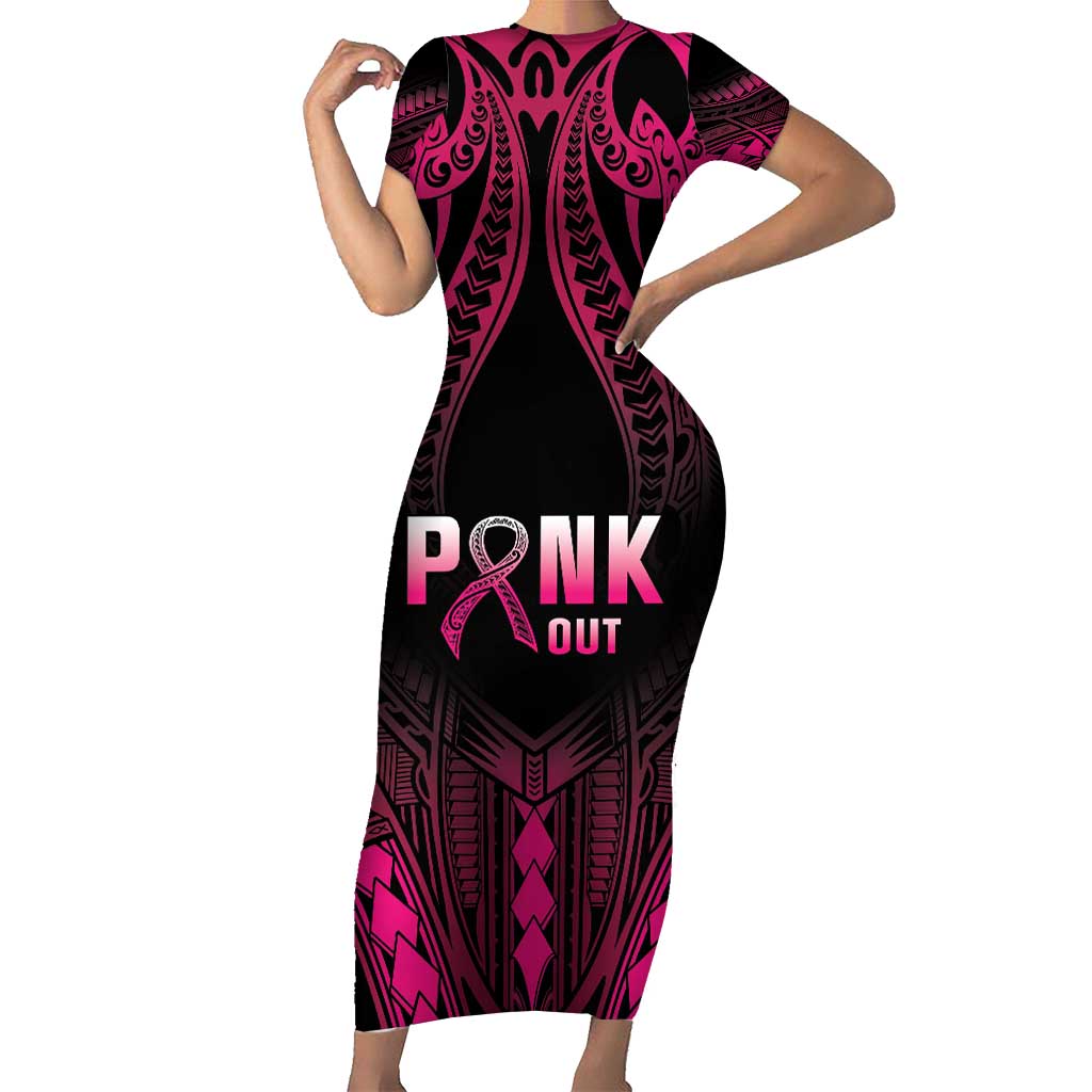 Breast Cancer Pink Out Short Sleeve Bodycon Dress Polynesian Art Tattoo Black Version