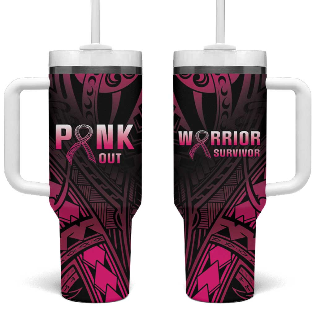 Breast Cancer Pink Out Tumbler With Handle Polynesian Art Tattoo Black Version LT05 One Size: 40 oz Black - Polynesian Pride