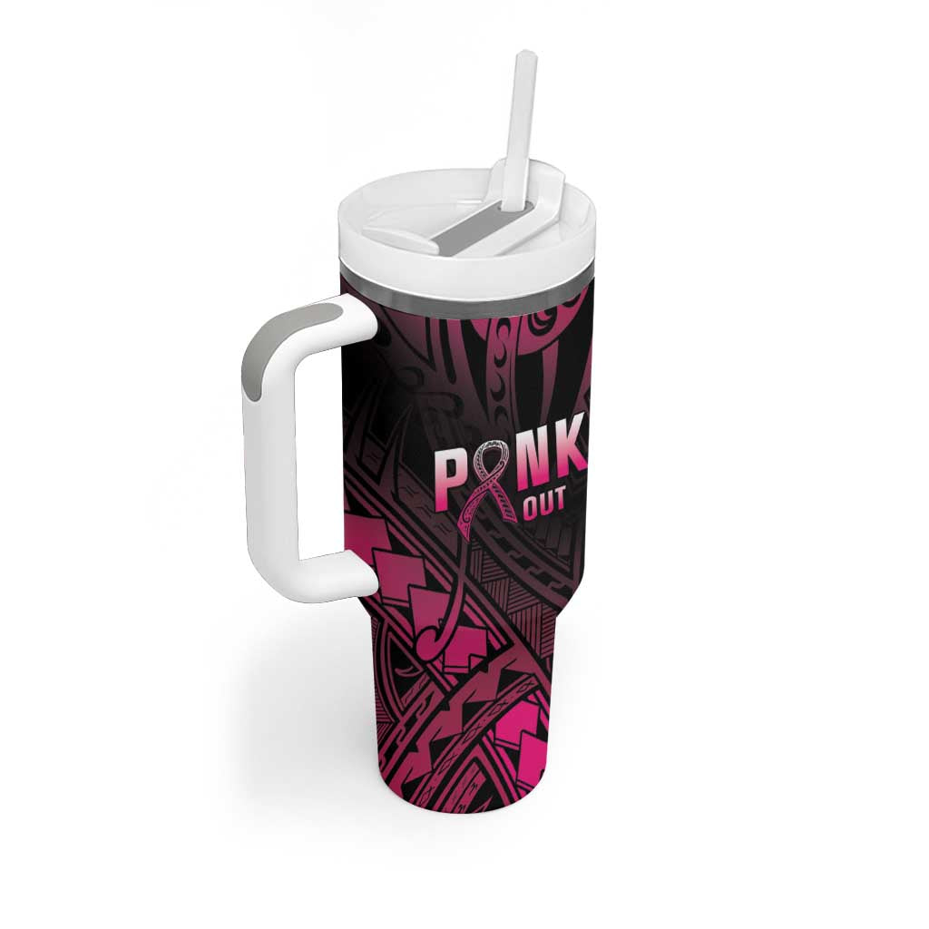 Breast Cancer Pink Out Tumbler With Handle Polynesian Art Tattoo Black Version LT05 - Polynesian Pride