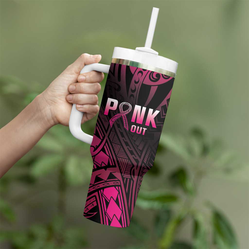 Breast Cancer Pink Out Tumbler With Handle Polynesian Art Tattoo Black Version LT05 - Polynesian Pride
