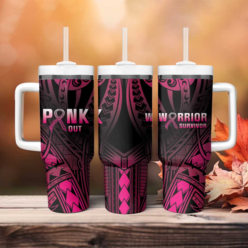 Breast Cancer Pink Out Tumbler With Handle Polynesian Art Tattoo Black Version LT05 - Polynesian Pride