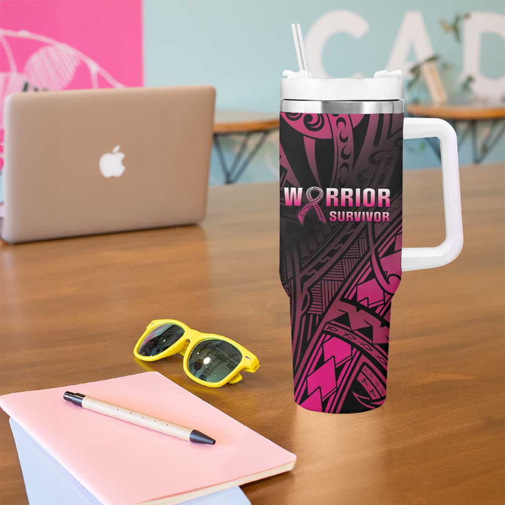 Breast Cancer Pink Out Tumbler With Handle Polynesian Art Tattoo Black Version LT05 - Polynesian Pride