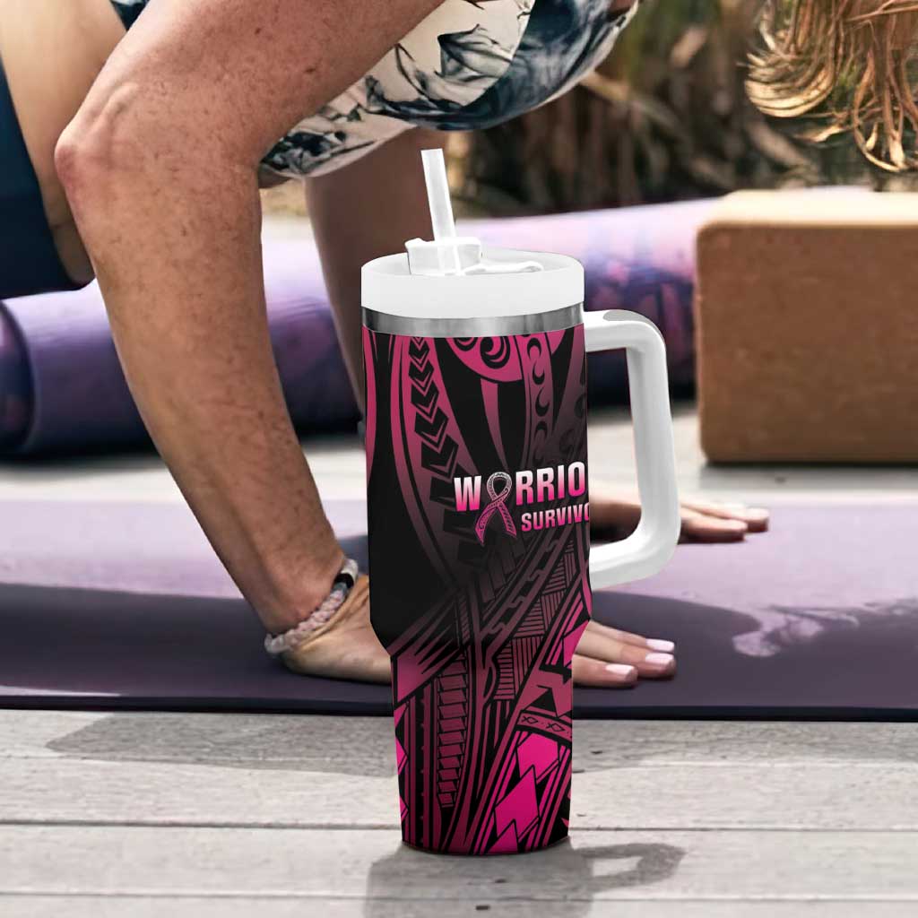 Breast Cancer Pink Out Tumbler With Handle Polynesian Art Tattoo Black Version LT05 - Polynesian Pride