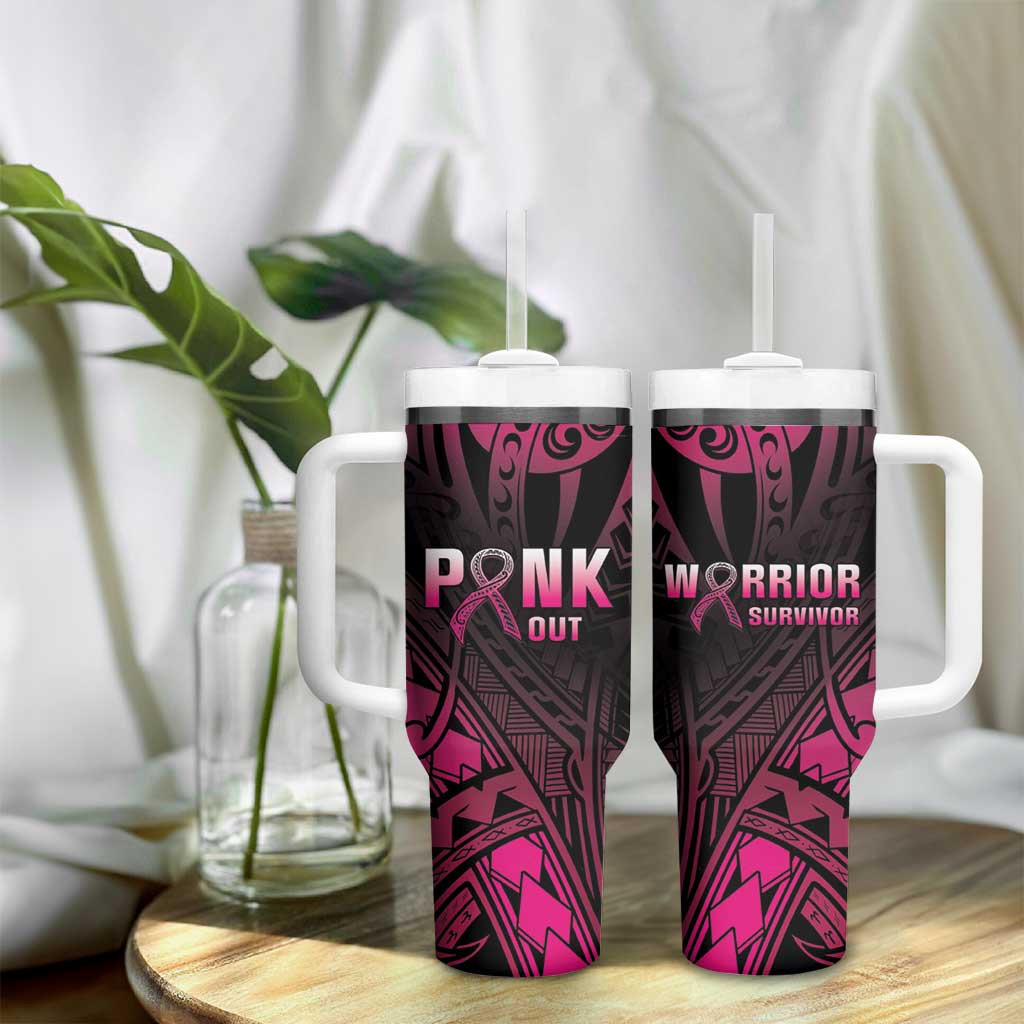 Breast Cancer Pink Out Tumbler With Handle Polynesian Art Tattoo Black Version LT05 - Polynesian Pride