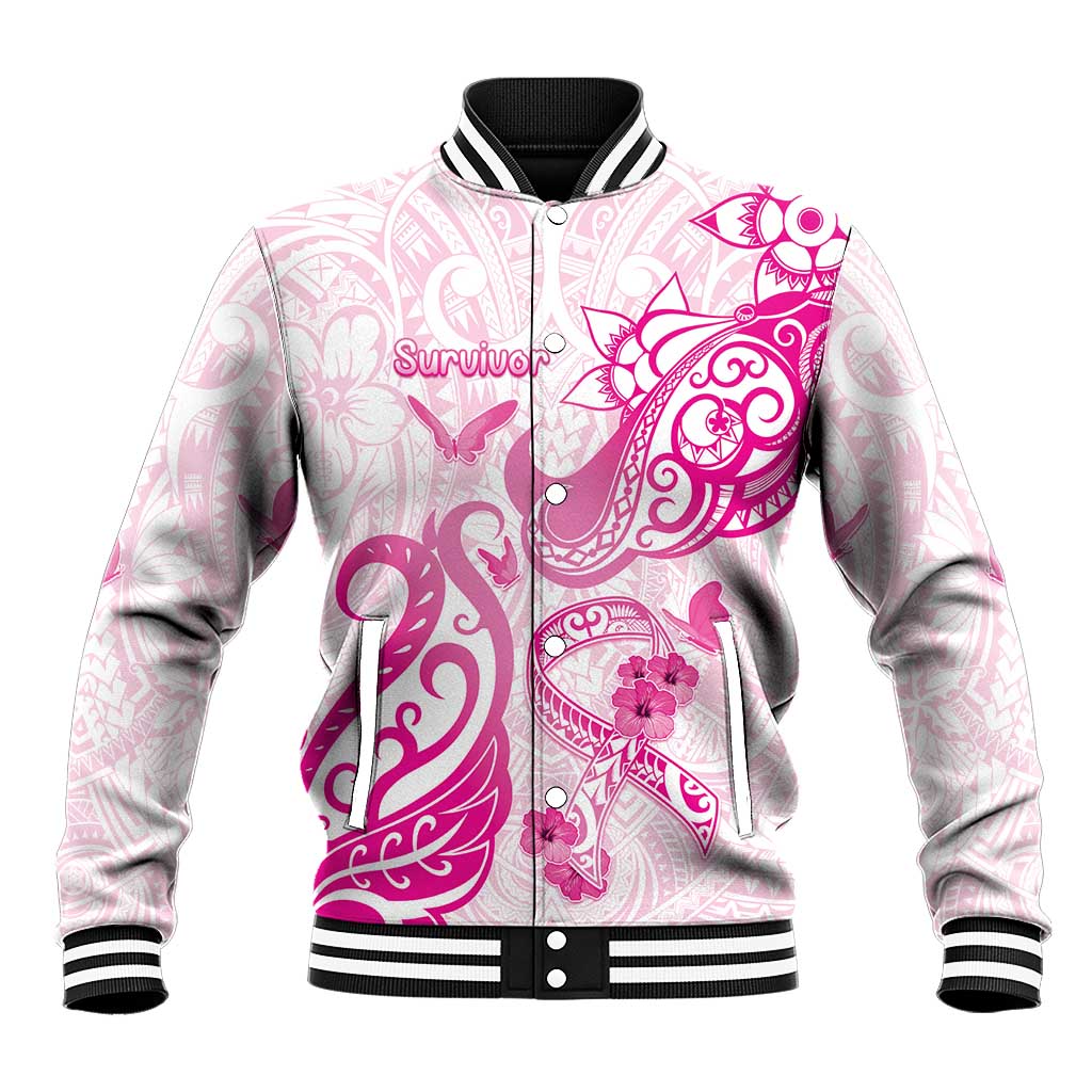 Personalised Breast Cancer Awareness Baseball Jacket Ribbon Polynesian Pattern White Version