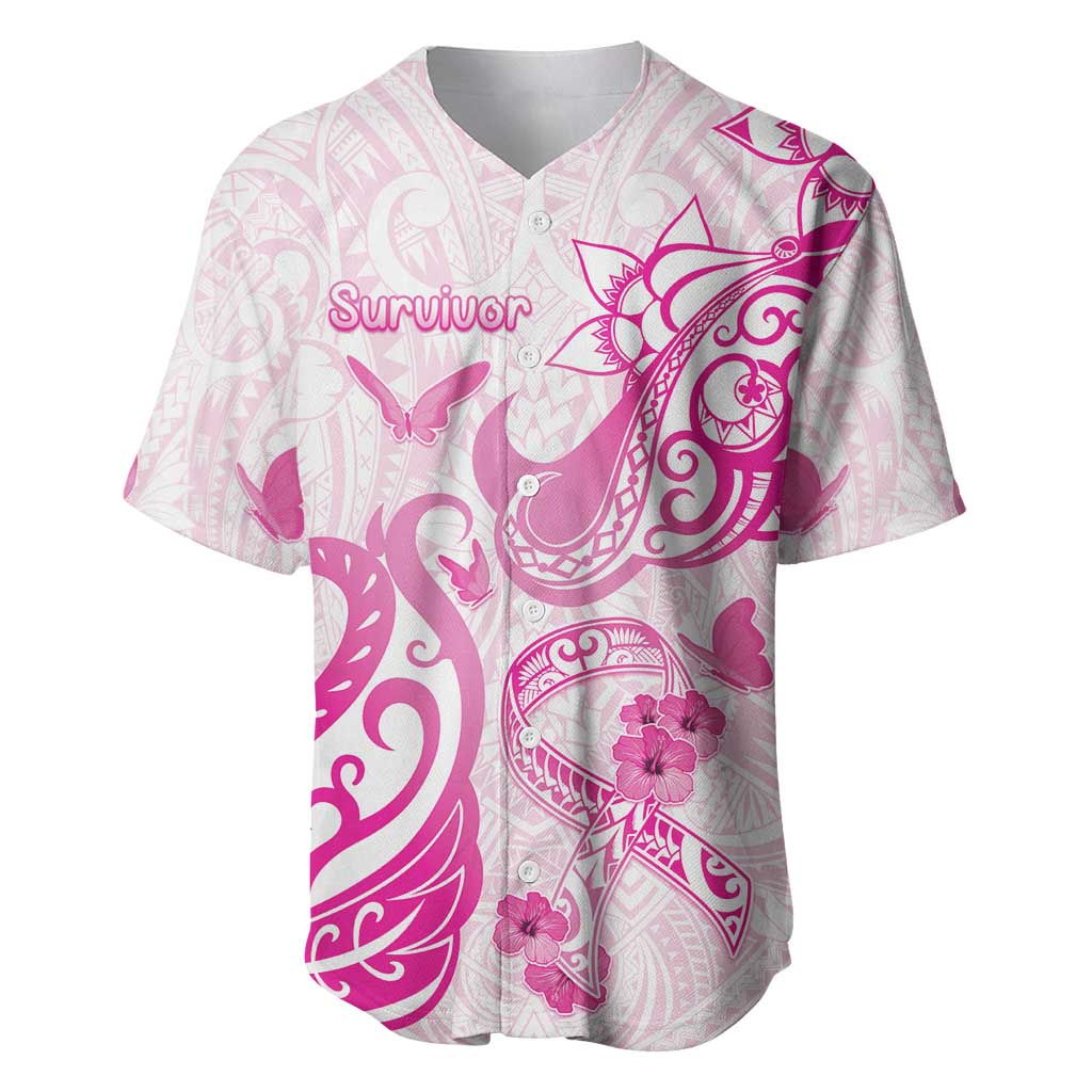 Personalised Breast Cancer Awareness Baseball Jersey Ribbon Polynesian Pattern White Version LT05 White - Polynesian Pride
