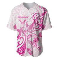 Personalised Breast Cancer Awareness Baseball Jersey Ribbon Polynesian Pattern White Version LT05 White - Polynesian Pride