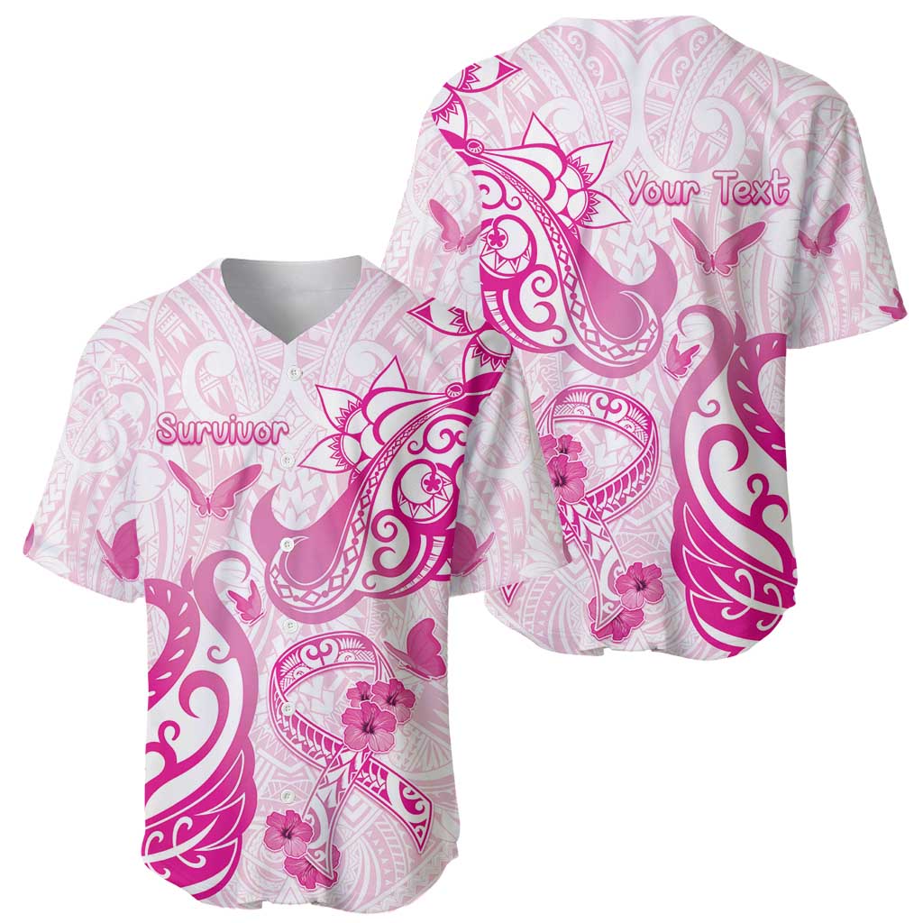 Personalised Breast Cancer Awareness Baseball Jersey Ribbon Polynesian Pattern White Version LT05 - Polynesian Pride