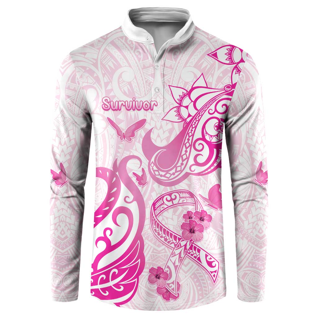 Personalised Breast Cancer Awareness Button Sweatshirt Ribbon Polynesian Pattern White Version LT05 White - Polynesian Pride