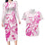 Personalised Breast Cancer Awareness Couples Matching Long Sleeve Bodycon Dress and Hawaiian Shirt Ribbon Polynesian Pattern White Version