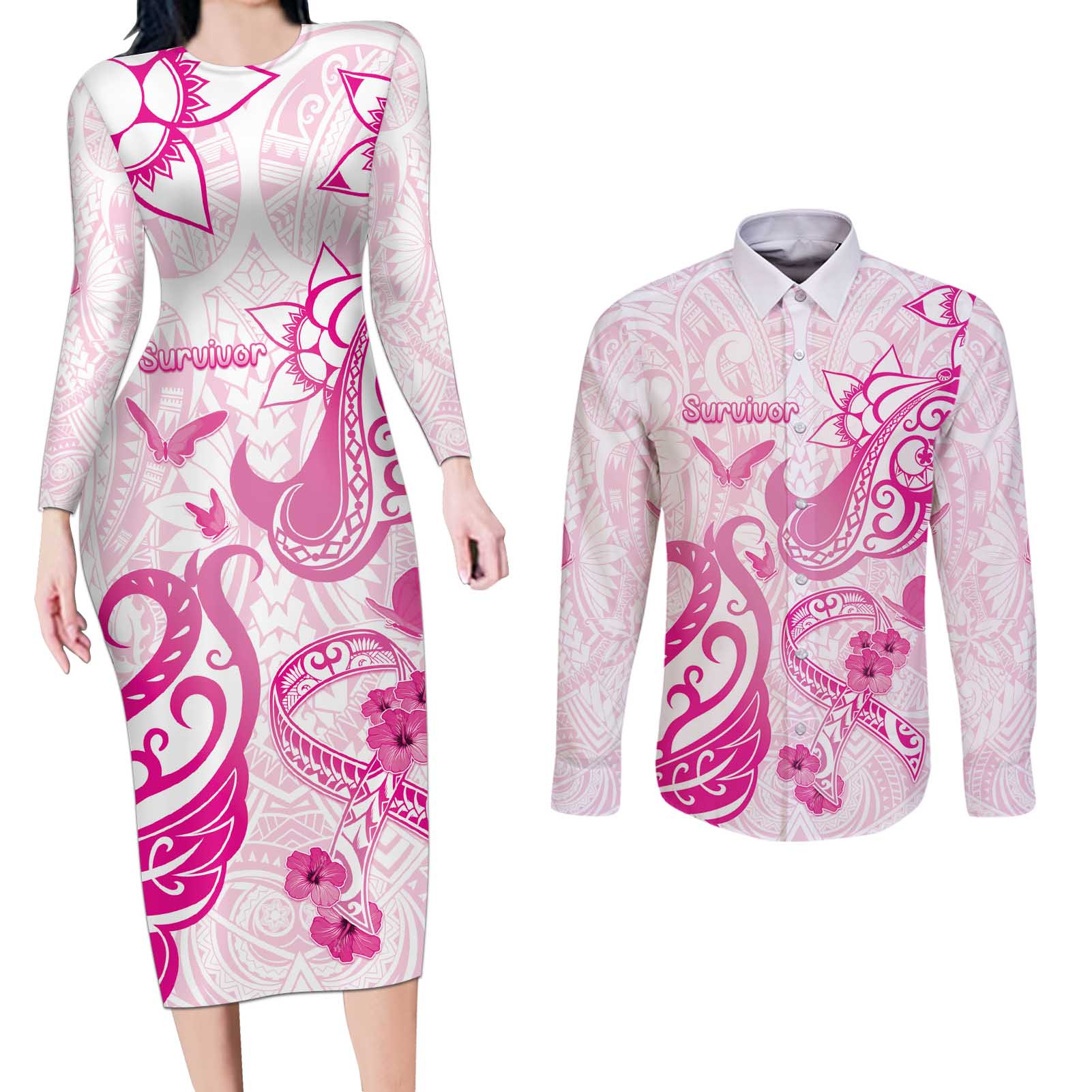 Personalised Breast Cancer Awareness Couples Matching Long Sleeve Bodycon Dress and Long Sleeve Button Shirt Ribbon Polynesian Pattern White Version