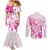 Personalised Breast Cancer Awareness Couples Matching Mermaid Dress and Long Sleeve Button Shirt Ribbon Polynesian Pattern White Version