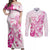 Personalised Breast Cancer Awareness Couples Matching Off Shoulder Maxi Dress and Long Sleeve Button Shirt Ribbon Polynesian Pattern White Version