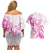 Personalised Breast Cancer Awareness Couples Matching Off Shoulder Short Dress and Hawaiian Shirt Ribbon Polynesian Pattern White Version