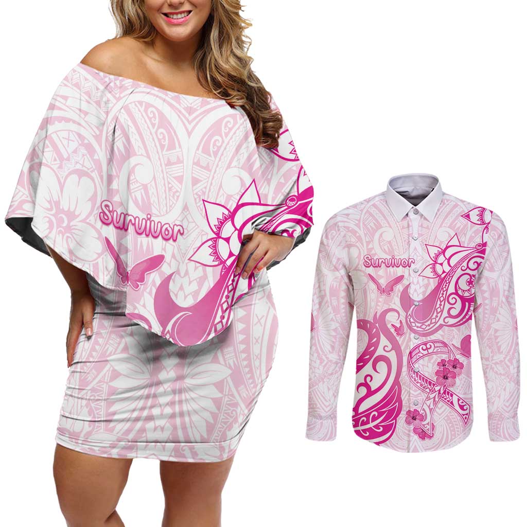 Personalised Breast Cancer Awareness Couples Matching Off Shoulder Short Dress and Long Sleeve Button Shirt Ribbon Polynesian Pattern White Version