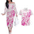 Personalised Breast Cancer Awareness Couples Matching Off The Shoulder Long Sleeve Dress and Hawaiian Shirt Ribbon Polynesian Pattern White Version