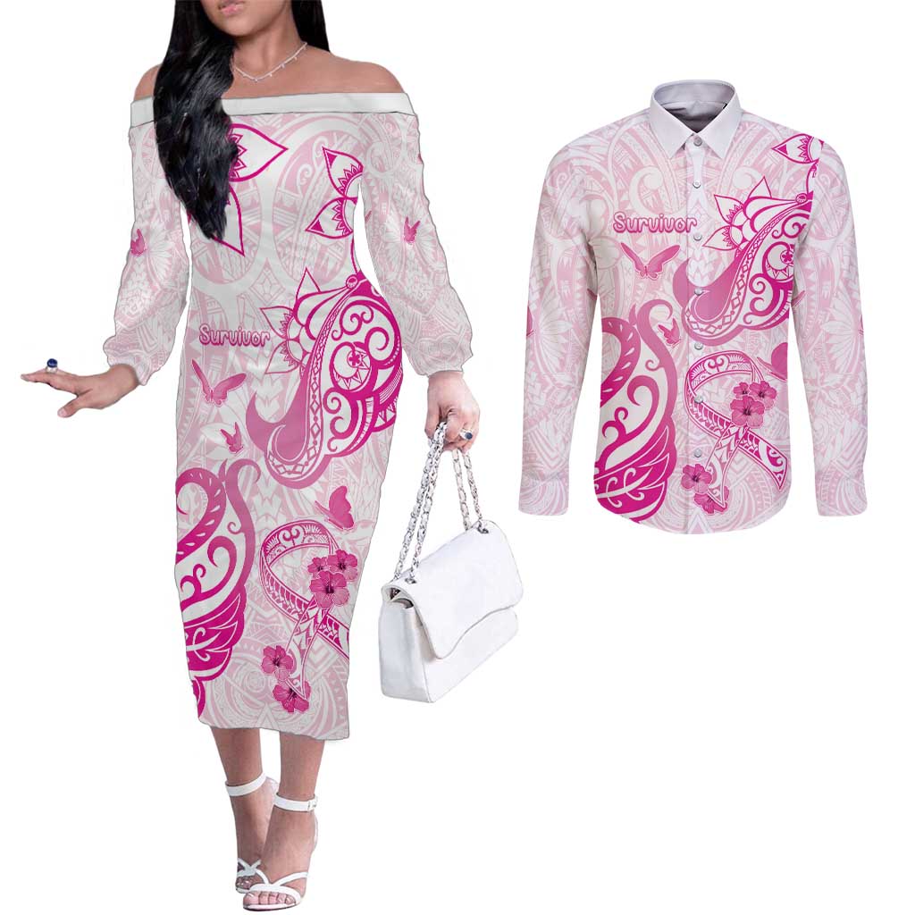 Personalised Breast Cancer Awareness Couples Matching Off The Shoulder Long Sleeve Dress and Long Sleeve Button Shirt Ribbon Polynesian Pattern White Version