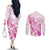 Personalised Breast Cancer Awareness Couples Matching Off The Shoulder Long Sleeve Dress and Long Sleeve Button Shirt Ribbon Polynesian Pattern White Version