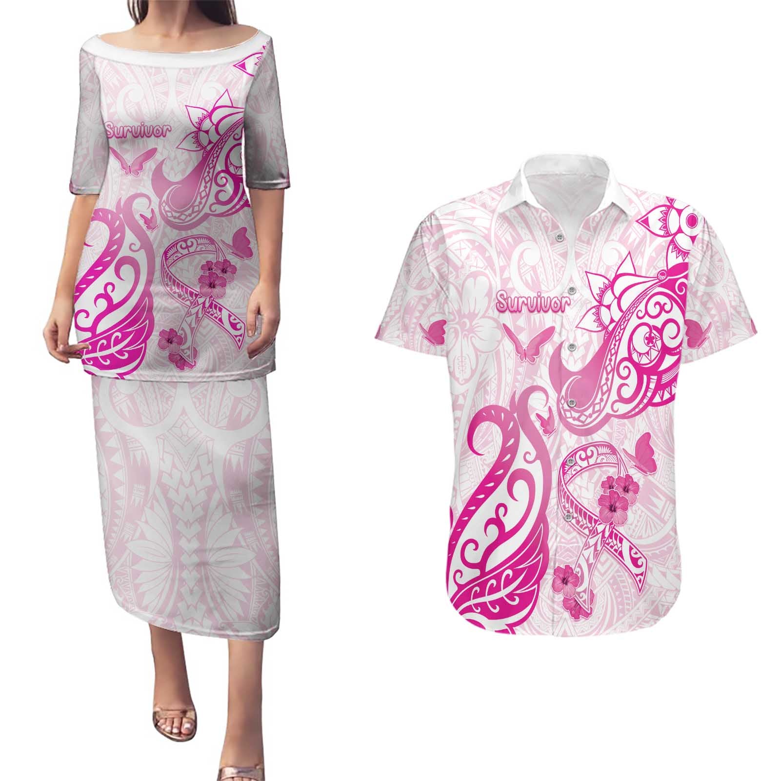 Personalised Breast Cancer Awareness Couples Matching Puletasi and Hawaiian Shirt Ribbon Polynesian Pattern White Version