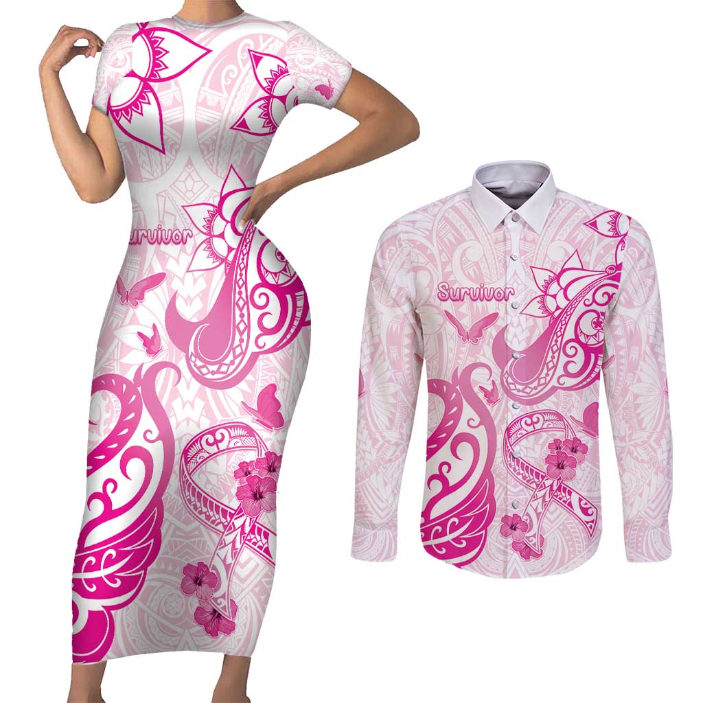 Personalised Breast Cancer Awareness Couples Matching Short Sleeve Bodycon Dress and Long Sleeve Button Shirt Ribbon Polynesian Pattern White Version