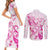 Personalised Breast Cancer Awareness Couples Matching Short Sleeve Bodycon Dress and Long Sleeve Button Shirt Ribbon Polynesian Pattern White Version