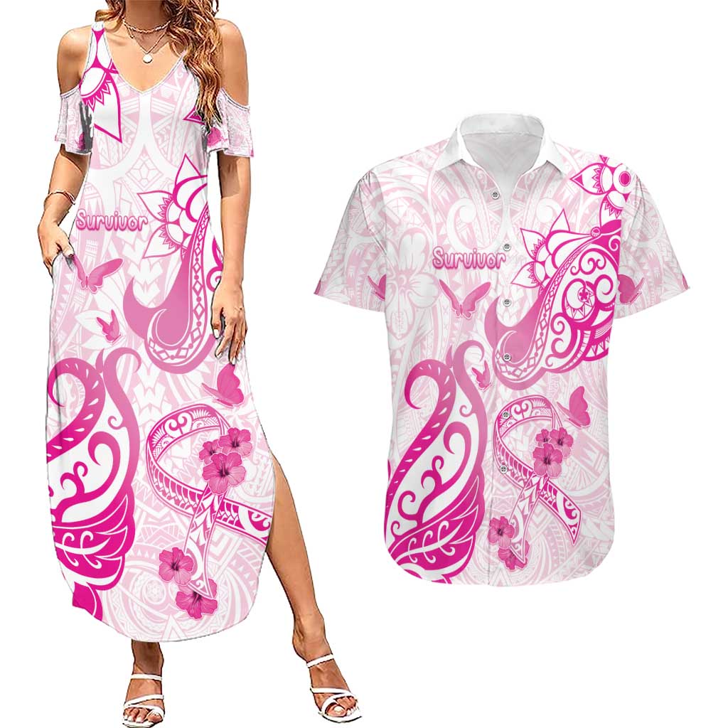 Personalised Breast Cancer Awareness Couples Matching Summer Maxi Dress and Hawaiian Shirt Ribbon Polynesian Pattern White Version