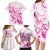 Personalised Breast Cancer Awareness Family Matching Long Sleeve Bodycon Dress and Hawaiian Shirt Ribbon Polynesian Pattern White Version