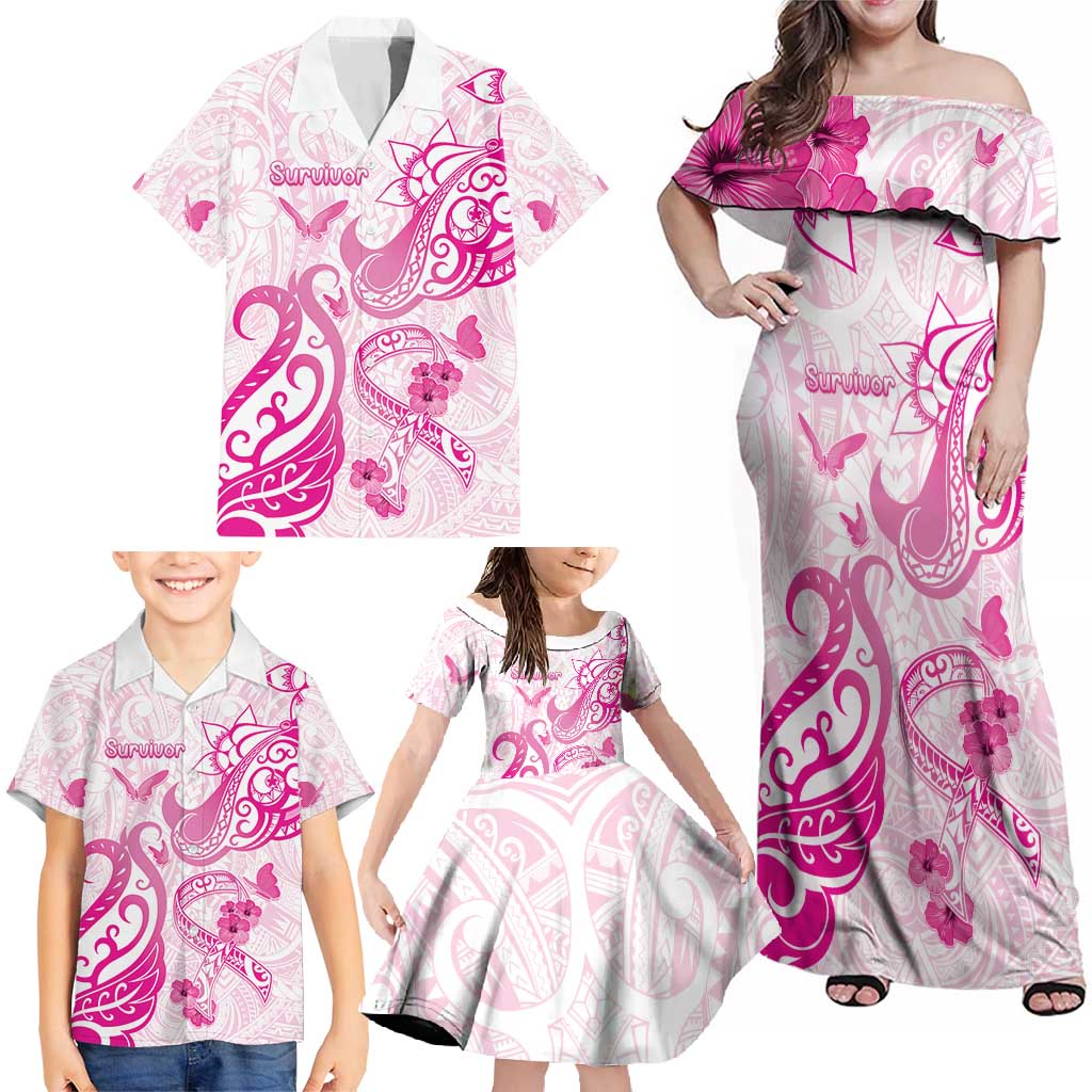 Personalised Breast Cancer Awareness Family Matching Off Shoulder Maxi Dress and Hawaiian Shirt Ribbon Polynesian Pattern White Version