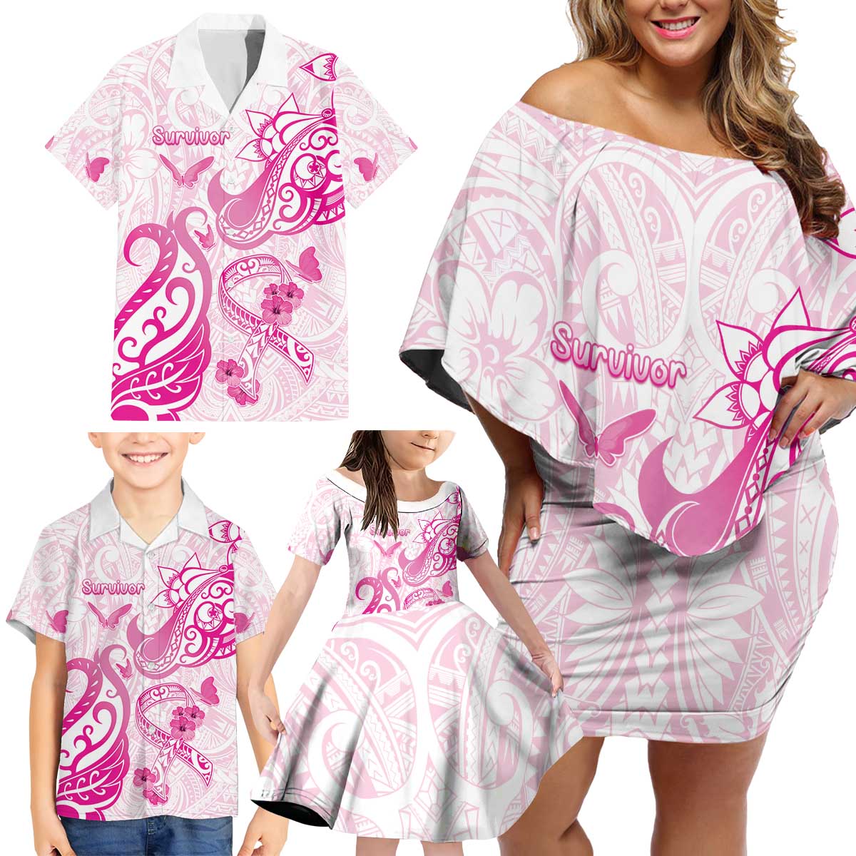 Personalised Breast Cancer Awareness Family Matching Off Shoulder Short Dress and Hawaiian Shirt Ribbon Polynesian Pattern White Version